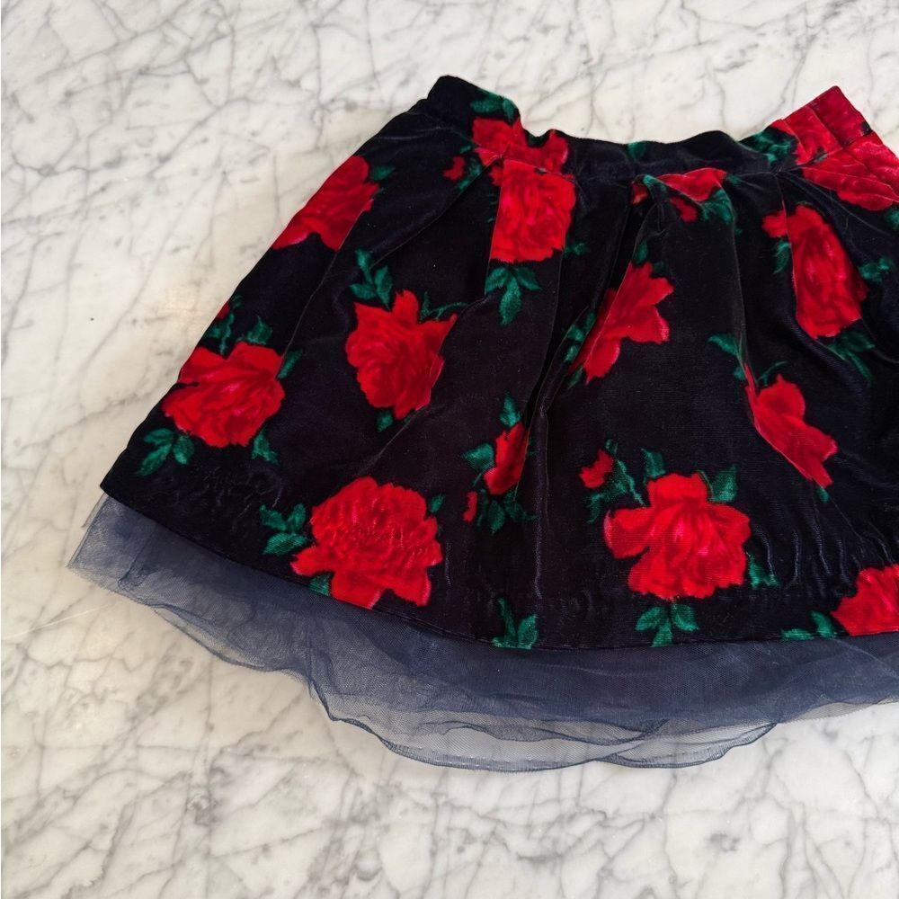 Janie and Jack Black Velvet Skirt with Red Rose Print